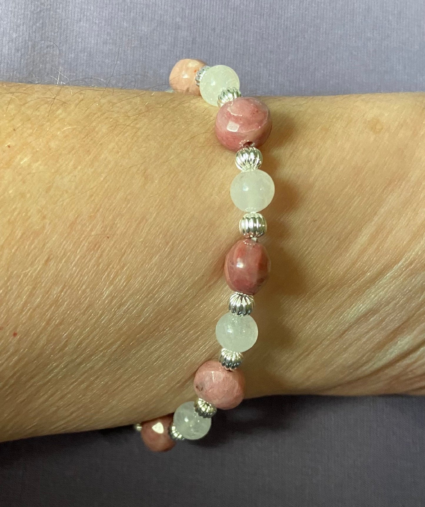 Blue Flash Moonstone and Rhodonite Bracelet