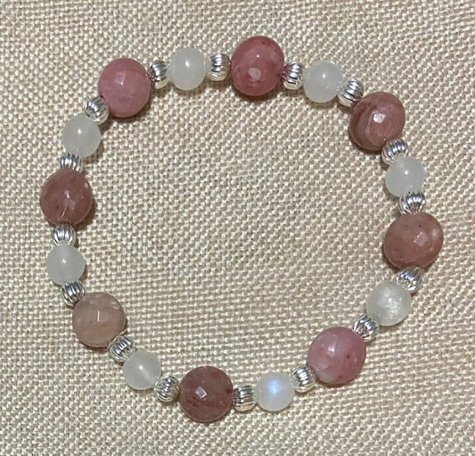 Blue Flash Moonstone and Rhodonite Bracelet